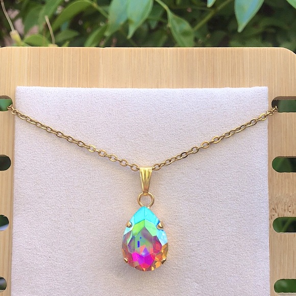 Aurora Borealis + Gold Pear Crystal Drop Pendant Necklace - Picture 8 of 12